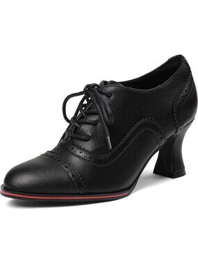 Women's Black Vintage Comfortable Chunky High Heel Lace Up Brogues Dress Booties